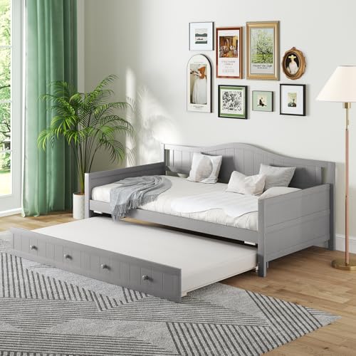 Giantex Twin Daybed with Trundle, Solid Wood Day Bed with Slats Support, Integrated Headboard & Armrests, Modern Trundle Bed Twin for Living Room, Bedroom, Guest Room, No Box Spring Needed (Grey)