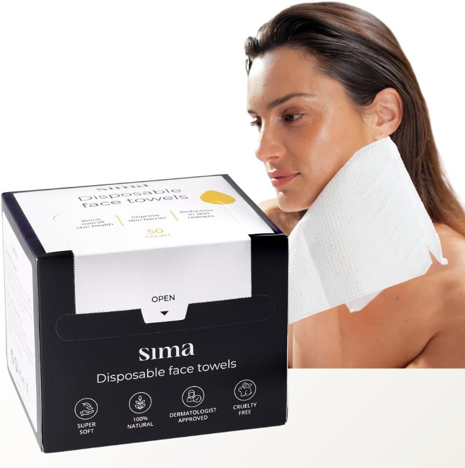 Sima Disposable Face Towels for Drying - 100% Cotton Face Wipes 50 Pack - Biodegradable Makeup Remover for Sensitive Skin, Gentle Clean Facial Cloth - Ultra-Soft & Lint-Free, Cruelty Free