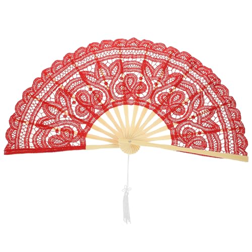 NUOBESTY Abanico Plegable de Bambú y Encaje Vintage Rojo para Bodas, Abanico de Mano Decorativo para Fiestas y Fotografía, Accesorio Tradicional para Novias y Verano