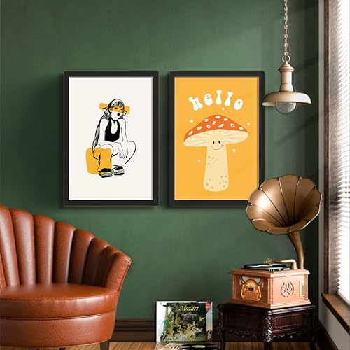 Image of NoWorries Aesthetic Pop Art Wall Framed Painting Set | Girl Illustration & Cute inchHello inch Mushroom Art Prints | Premium 300 GSM Paper Print with Synthetic Wooden Frames | Modern Abstract Wall Decor for Living Room, Bedroom & Office (Set of 2) (BLACK, ART-1, 13X19INCHES)