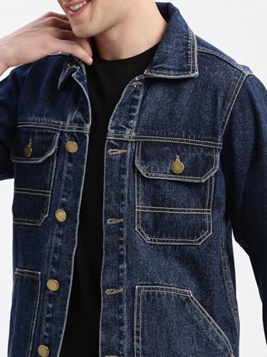 Image of SHOWOFFFF Men Solid Denim Jacket | Spread Collar Full Sleeves Denim Jacket for Mens | Slim Fit Regular Length Jacket for Men's