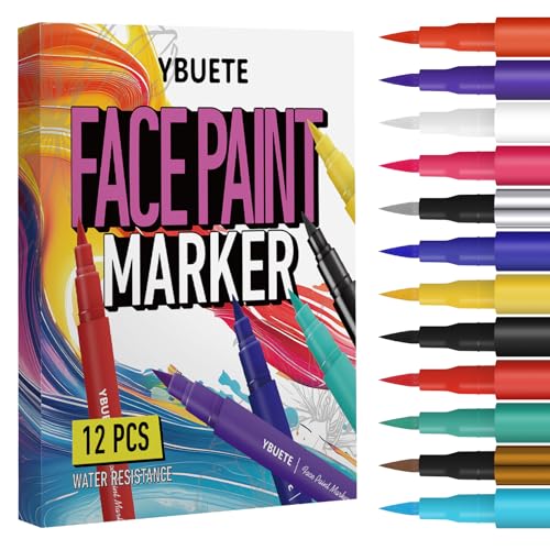 YBUETE 12 Colors Face Body Painting Markers Water Resistance Tattoo Pen for Adults Long-lasting and Smudge-proof Temporary Tattoo Markers for Mardi Gras Parties SFX & Festivals