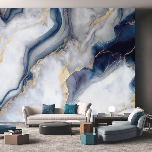 Marble Wallpaper Mural, 3D Effect Abstract Blue Gold Photo Wallpaper, 400cmx280cm Silk Cloth Wall Art Roll Wallpapers for Wall Covering