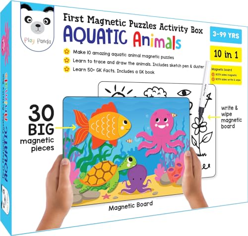 Image of Play Panda Magnetic Puzzles Aquatic Animals 10 in 1 with 10 Magnetic Puzzles,Write&Wipe Magnetic Board,50+ GK Facts,Sketch Pen&Duster-Make Beautiful Magnetic Animals-Educational Toy for 3+