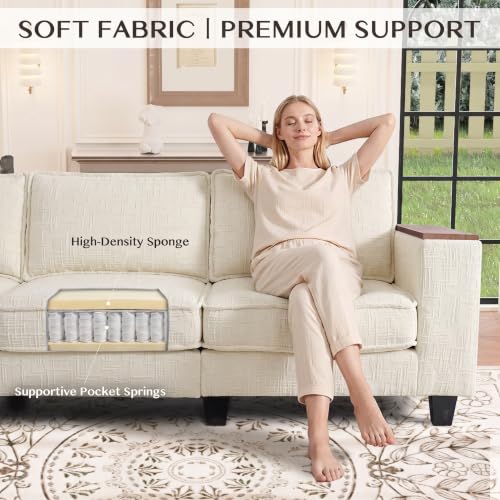 Image of 97 inch L Shaped Couch, 5 Seat Corner Couch with Storage Armrest & 2 Pillows, Convertible V Shaped Sectional Couch, Chenille L Shaped Sectional Couch, Beige Sectional Couches for Living Room