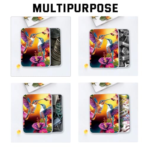 Image of Metal Tin Box with Lid for Game Cards Home Organizer Candles Keys Crafts Storage - Equipped with 4 Magnetic Cord Clips,Hummingbirds and flowers