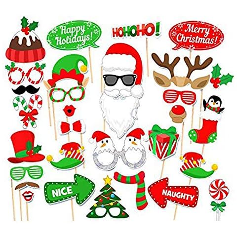 32pcs Christmas Photo Booth Props - DIY New Year Decoration Eve Party Games Favors Selfie Photography Photobooth Prop Funny Masks Santa Hat Mustache Dress-up Supplies for Xmas, Birthday Decorations Cover