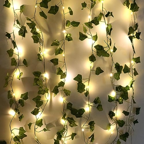 1 cadena de luces LED de hiedra artificial, cadena de luces con hojas, 5 m, guirnalda de hiedra falsa con 50 luces LED, guirnalda de hiedra interior, hoja verde hiedra