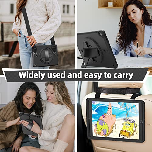 Timecity Ipad 7Th/ 8Th/ 9Th Generation Case/Ipad 10.2 Case 2019-2021 Release, Durable Sturdy Protection Case With Screen Protector, Swivel Stand, Hand Strap And Shoulder Strap Pencil Holder - Black #TOP7