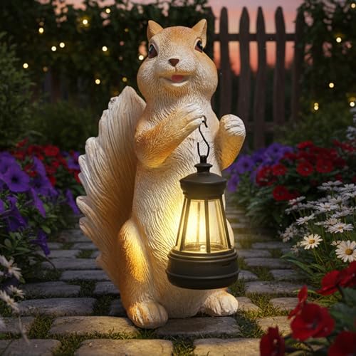 lifemet Eichhörnchen Gartendeko- Solar Eichhörnchen Deko Eichhörnchen Figur Gartendeko für Draußen Wetterfest mit Laternenn Gartenfiguren für Garten Balkon Zimmer Geschenke für Grauen