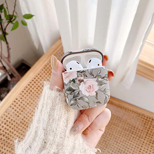 Hjwkjus Compatible With Airpods 1&2 Case For Women Girls, Pink Floral And Gray Leaves Pattern Case With Anti-Dust Shockproof Protective Hard Cover For Airpods 1&2-Elegant Flower #TOP1