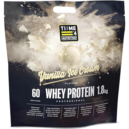 Time 4 Whey Protein Professional Time Release Grass Fed Native Whey Protein Powder, 85% Whey Concentrate, Partially Hydrolysed Whey Isolate, Micellar Casein, Leucine (Vanilla Ice Cream, 1.8kg Bag)