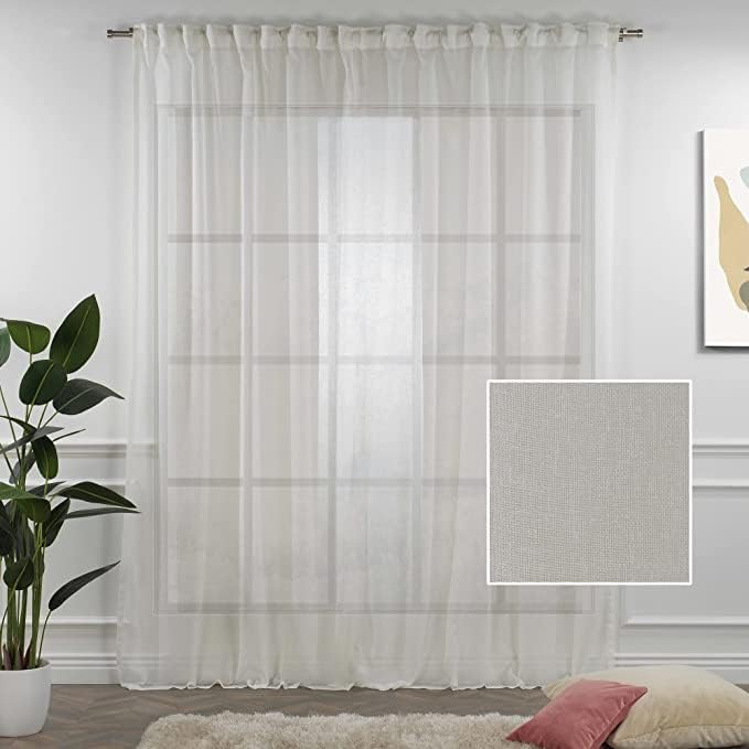 Extra Long Cream Linen Look Set of 2 Sheer Curtains Back Tab Home Décor Window Custom Made Drapes -Made in Turkey Each(100" W x108 L)