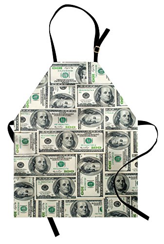 Ambesonne Money Apron, Dollar Bills of United States Federal Reserve The Ben Franklin Portrait, Unisex Kitchen Bib with Adjustable Neck for Cooking Gardening, Adult Size, Green Grey