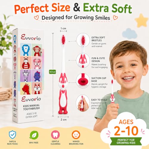 Image of Toothbrush for Kids with Ultra Soft Bristles for Oral Cleaning, Suitable For 2-12 Years Toddlers, Fox Design, Red, Pack of 1