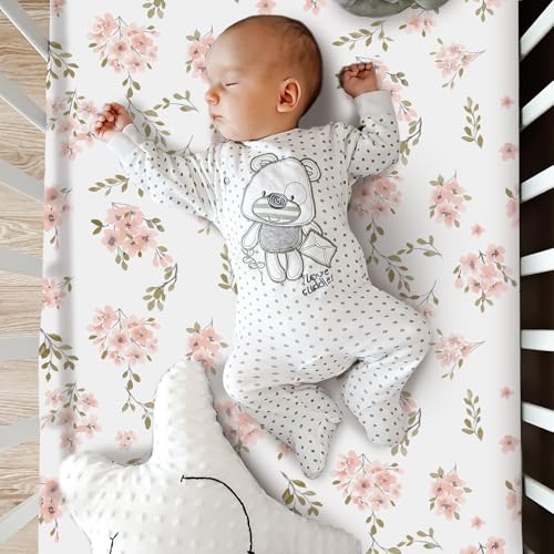 Image of Hahafelt 3 Pcs Pink Floral Baby Crib Bedding Set for Girls, Flower Baby Crib Sets for Newborn, Infant Toddler Nursery Bed Set Decor with Fitted Sheet, Dust Ruffle, Comforter