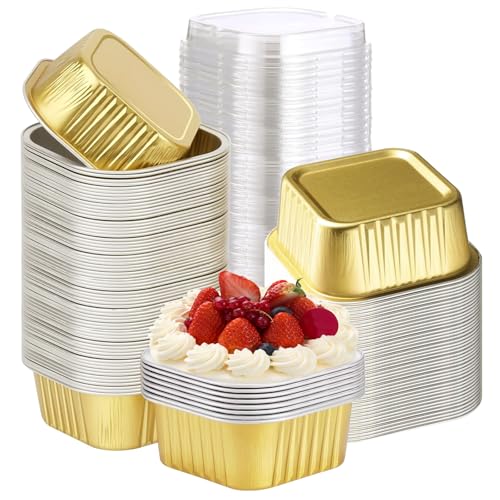 SXCCNW Mini moldes para tartas de pan, 50 piezas con tapa, moldes de aluminio de 150 ml, moldes de aluminio reutilizables para hornear para boda, picnic o cumpleaños, color dorado