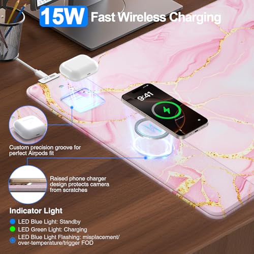 Image of Pink Marble Mouse Pad with 15W Wireless Charging, with 20W Adapter