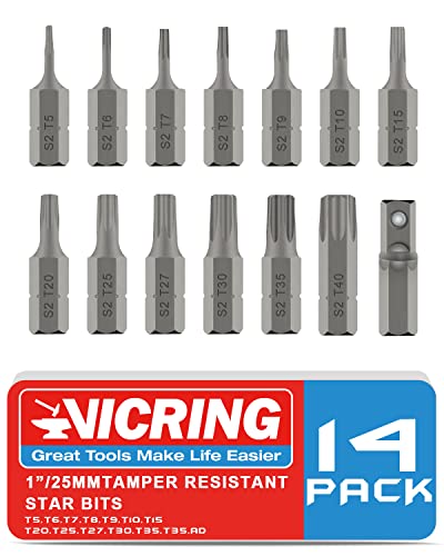 Screwdriver Bit Set Tamper Resistant Security Star Bits Set 14-Piece S2 Steel 1 Inch Long 1/4 Hex Shank With Adaptor T15 T20 T25 T30 Star Drill Bit Set #TOP8