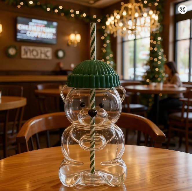 Image of Hogg Texello 2026 New Glass Bear Cup Bear Straw Cup, 20oz Cute Bears Glass Tumbler with Reusable Straw - Cute Animal Mug for Hot and Cold Drinks, Smoothies, Water, Juice, Travel & Gifts (Green)