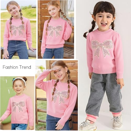 Image of Danny D Young Girl′s Bowknot Sequin Knitted Sweater Crew Neck Long Sleeved Tops for Autumn and Winter