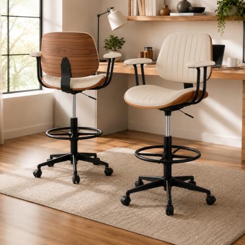 Image of Drafting Chair for Standing Desk, Arms Tall Office Chair with Bentwood Backrest, Adjustable Height, Footrest Ring and Swivel Seat, PU Leather (Ivory)