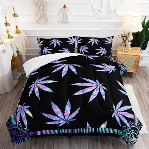 Image of AILONEN Marijuana Weed Leaf Comforter Set,Cannabis Leaves Bohemian Bedding Set, Full Size Comforter Set,Colorful Bright Leaves Pattern Bed in a Bag Duvet Set 3 Pieces, 1 Quilt and 2 Pillowcases