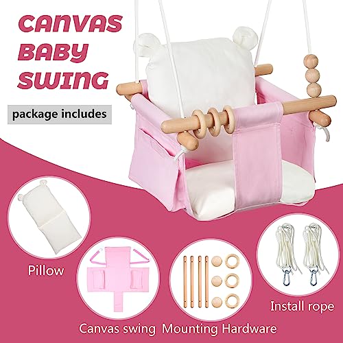 Indoor Baby Swing Wooden Baby Hanging Swing Chair Canvas Baby Swing Seat Chair With Safety Belt And 2 Side Pockets For Outdoor Play Toysand And Indoor Playground Sport #TOP1
