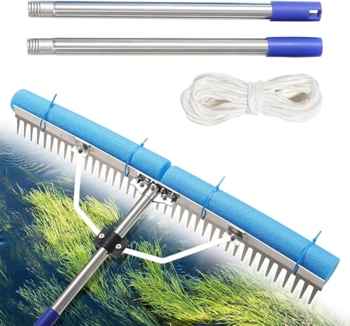 Image of Landscape Rake, 198 cm Adjustable Lightweight Pond Rake 78 cm Width Aluminum for Removing Weeds, Leaves, Beautifying Coastlines and Beaches