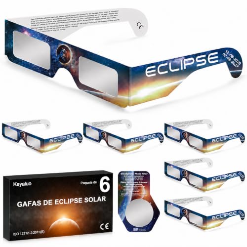 Keyaluo Gafas Eclipse Solar Homologadas,Paquete de 6,Certificado EN ISO 12312-2:2015(E) y CE,Aprobación AAS 2026,Gafas eclipse solar para visión directa del sol