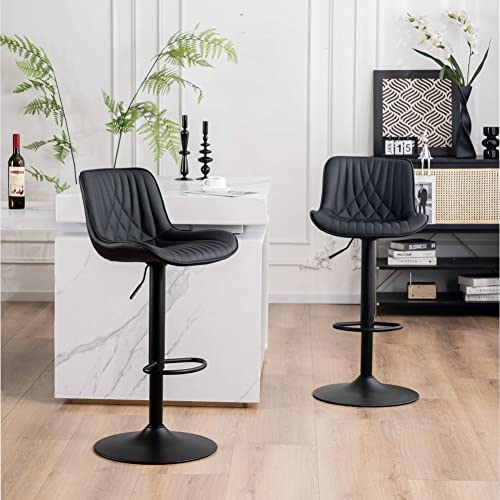 Youtaste Modern Bar Stools Set Of 2 Adjustable Black Barstools Luxury Upholstered Bar Chairs Faux Leather Counter Height Bar Stool Swivel Barstool With Back For Home Kitchen Island #TOP2