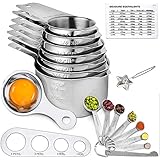 Stainless Steel Measuring Cups and Spoons Set of 19 Pieces - 7 Nesting Cups and 7 Stackable Spoons - Durable Professional Portable Kitchen Measuring Kit for Liquid Wet and Dry Ingredients