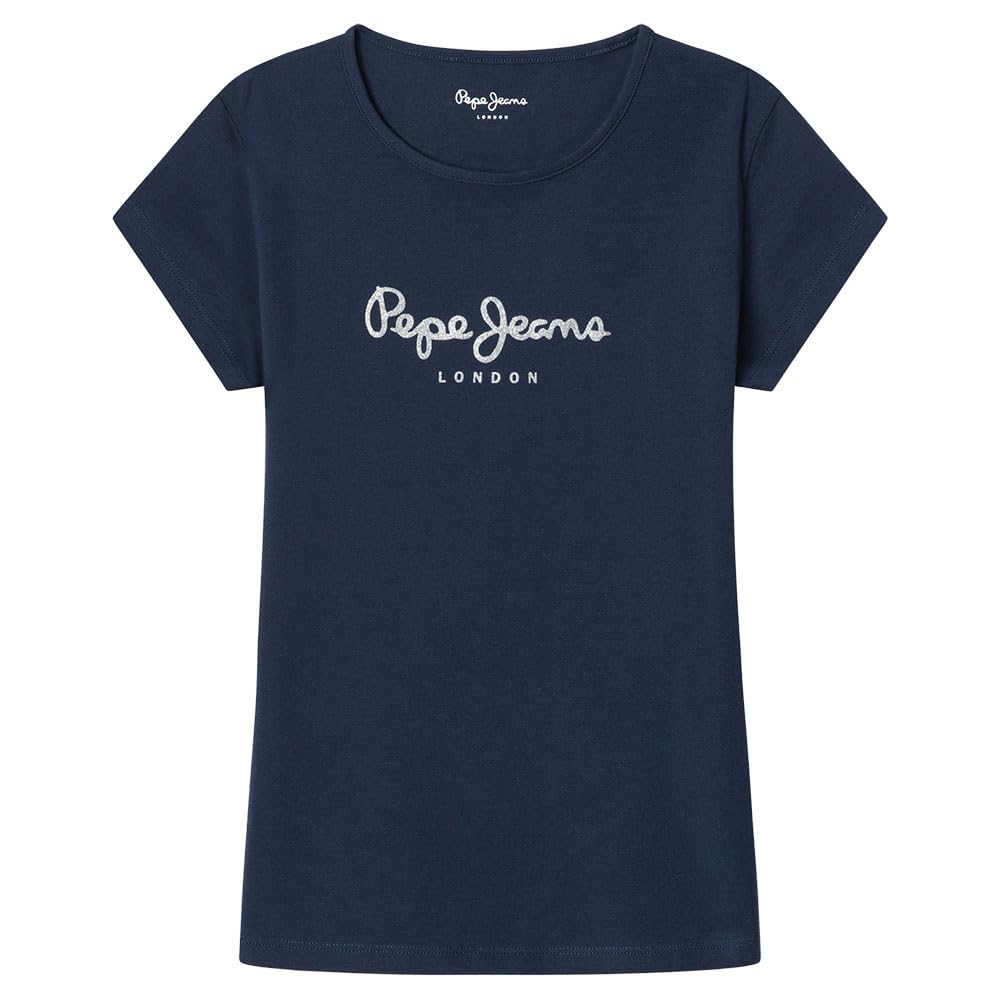 Pepe Jeans Girls Hana Glitter N T-Shirt, Blue, 8 Years UK