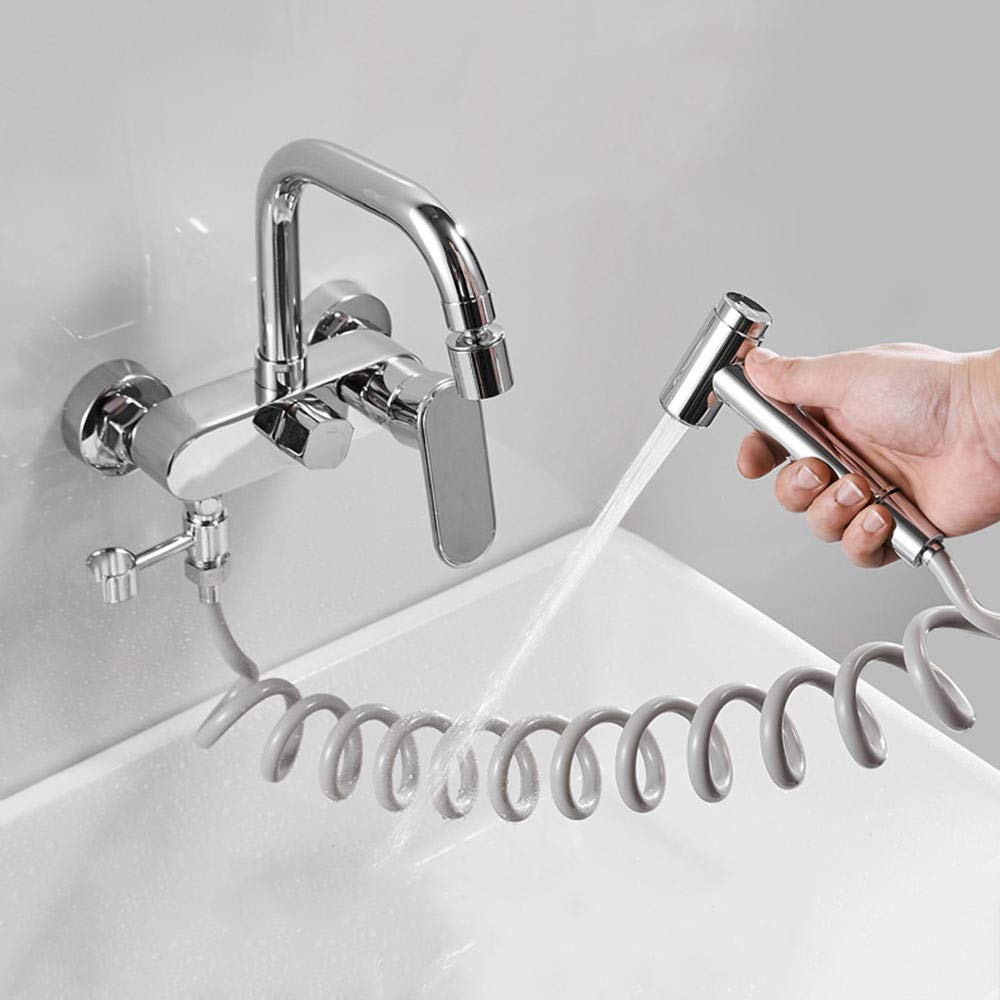 Giratorio de Grifo de Cocina de Pared, Fregadero de Cocina Lavadero Latón Cromado en Pared con Ducha Grifo de Agua Frío y Caliente-Cromo