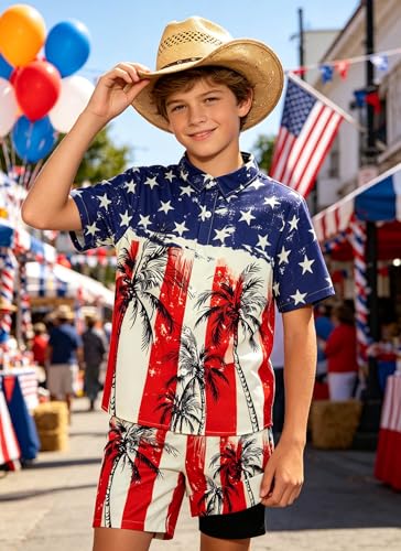 Image of UNICOMIDEA Boys 4th of July Outfits Kids Patriotic Independence Day Tropical Short Sets for 5-12 Years