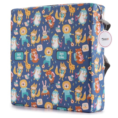 Zicac Portable Réhausseur Coussin de Siège Chaise Haute avec Boucle de Sécurité pour Repas Voyage de Bébé Bambin Enfant Tout-Petit Motif de Cartoon Animaux Coloré (Bleu/Jaune)