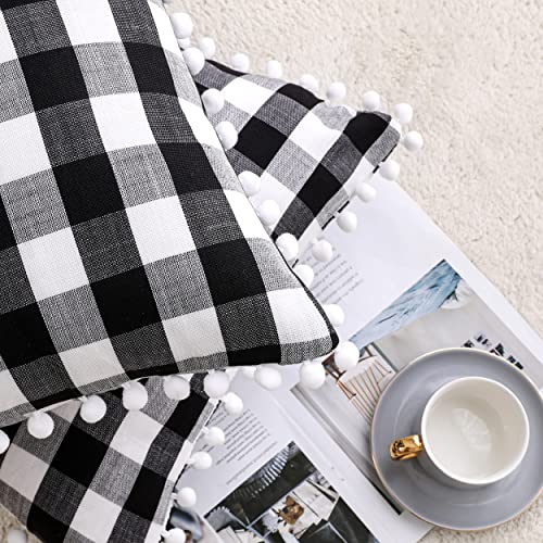Zjdecor Buffalo Plaid Fall Throw Pillow Covers Set Of 2, Gingham Check Farmhouse Square Pom Pom Throw Pillow Case Cushion Cover For Couch Car Sofa Home Decor, 18 X 18 Inches, Black And White #TOP4