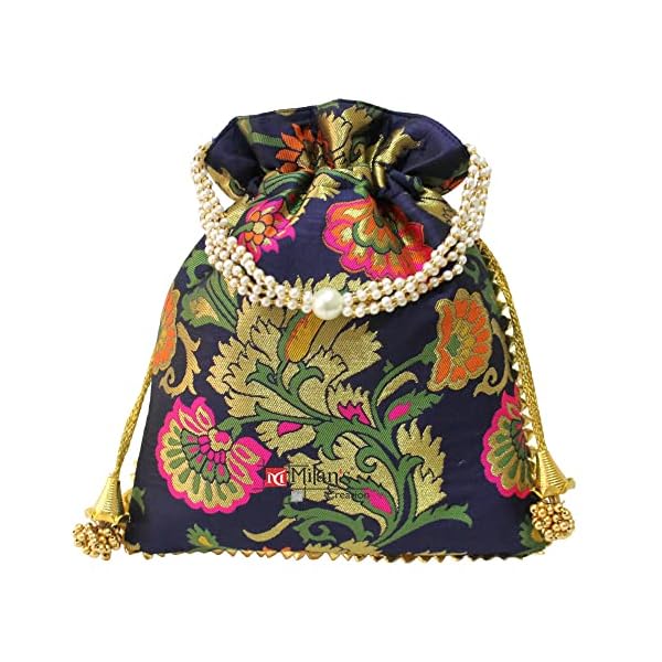 MILAN'S CREATION Designer Banarasi Brocade Potli Bag With Pearl Handle & Tassel Ethnic Wedding Purse Women’s Handbag