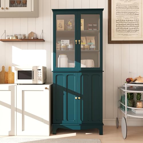 HOLTICO(ホルティコ) 食器棚 キッチンボード ガラスディスプレイ棚 可動棚 幅76×奥行40×高さ183cm 収納 木製 (グリーン)