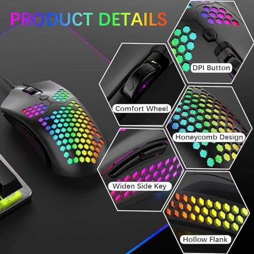 Gaming Keyboard and Mouse and Mouse Pad,Wired Rainbow Backlit Mechanical Keyboard,Superlight RGB Gaming Mouse,12000DPI Optical Sensor,6 Programmable Buttons Mice for PC Gamers(Black)
