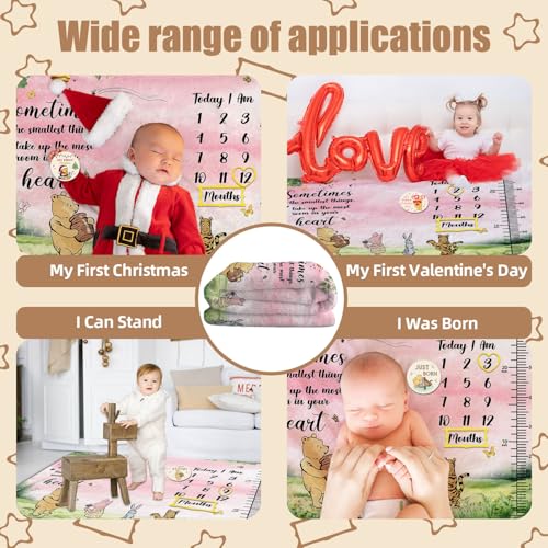 Image of Winnie Quotes Milestone Blanket for Baby, Pink Baby Blanket Growth Chart, Newborn Photography Background Decor, with 8pcs Double-sided Printed Holiday Cardstock 30*40in, Christmas Decor Photo Gift