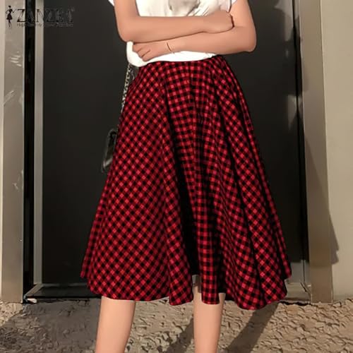 chouyatou Women's Casual Plaid A Line Midi Skirt High Waisted Gingham Skirt Cute Pleated Skater Skirt4