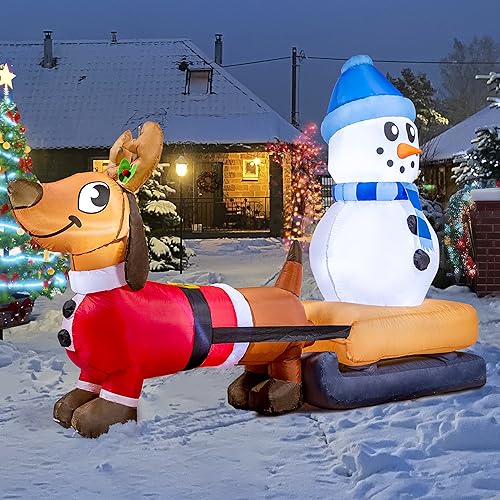 Joiedomi 8 FT Long Christmas Puppy Inflatable Pulling Sleigh & Snowman with Build-in LEDs Blow Up Inflatables for Xmas Indoor Outdoor Yard Garden Christmas Decoration and Christmas Outdoor Decoration