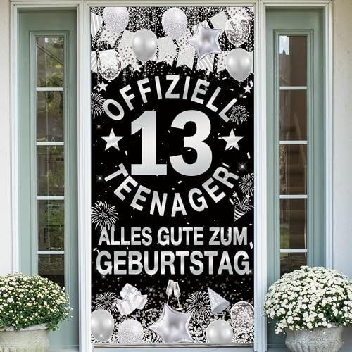 Deko 13. Geburtstag Banner Junge Mädchen - 13 Jahre Geburtstagsdeko Hintergrund Offiziell Teenager Türbanner Geburtstagsbanner für Tür Garten Tisch Wand Dekoration 185 x 90cm (Schwarz Silber)