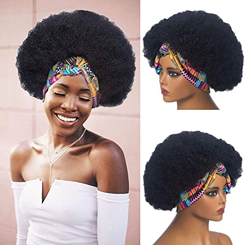 Afro Curly Wig Headband Wigs for Black Women, Natural Black Afro Curly Hair Afro Wig Synthetic Wig with Headband Heat Resistant