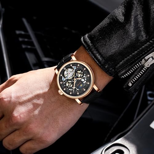 Image of ALTURA Celestial Series Automatic Skeleton Analog Watch For Men|3D Hollow Dial,Diamond Embellishment,Day /Night Subdial,Flywheel,Transparent Back,Leather Strap|Gift For Men