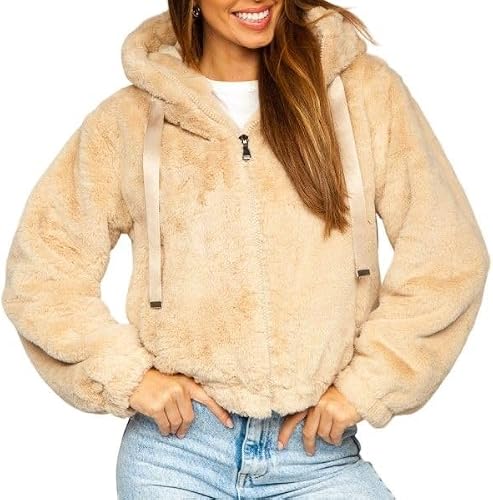 Missy Missi Women Jacket Fluffy Faux Fur Zip Up Hoodie Beige Small