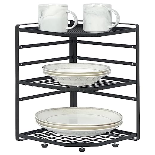 LUMAMU 3-Tier Kitchen Corner Shelf Rack, Plate Organizer for Cabinet - Corner Stand Countertop Shelf Storage for Plates, Dishes Cabinet & Pantry Kitchen Organization, Black