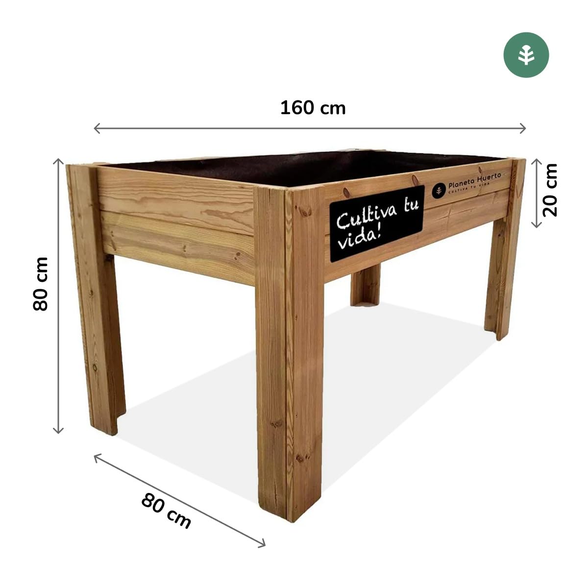 Planeta HUERTO | Mesa de Cultivo de Madera FSC 160x80x80 cm, Huerto Urbano Elevado con Malla Geotextil, Capacidad 220 L y Pizarra Personalizable - Mesa de Cultivo Ideal para Terraza y Jardín