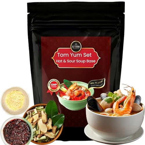 3 Packs - Thai Tom Yum Set 1.6 oz - Hot & Sour Soup Base Kit with Dried Herbs Seasoning, Chili Paste & Tom Yum Seasoning Mixing with Coconut Milk Powder - Easy Thai Cooking, Authenthic Thai Flavor